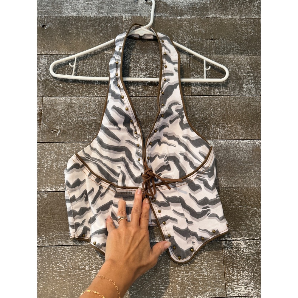 Fashion Nova Zebra Print Halter Vest Top Womens Small Grey White